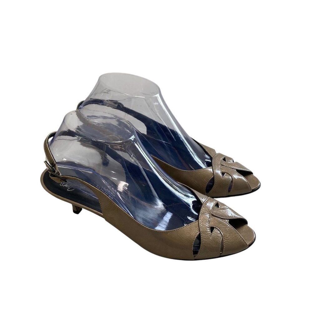 Donal J Pliner Kitten Heel Women 8N Tan Brown Patent‎ Leather Peep Toe Slingback